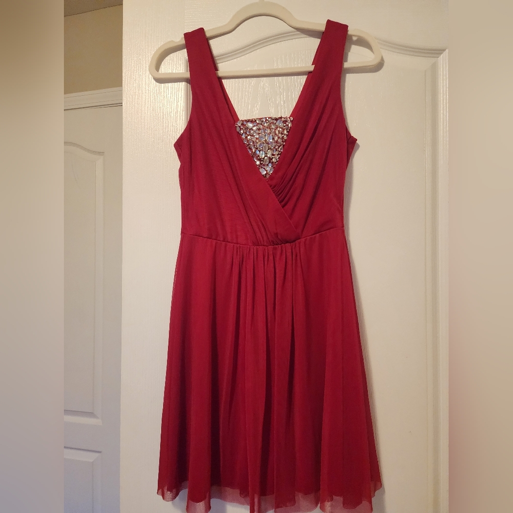 Nwot Red Crimson Tulle Jewel Sparkle Dress Cocktail Dinner Fancy Holiday Size 7